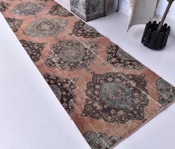 3x12 Vintage Persian Style Runner Rug, Handmade Wool Runner, 3x12, Hallway Rug, 3x12 Farmhouse Rug, Kithcen Rug Terracotta Green Brown Color