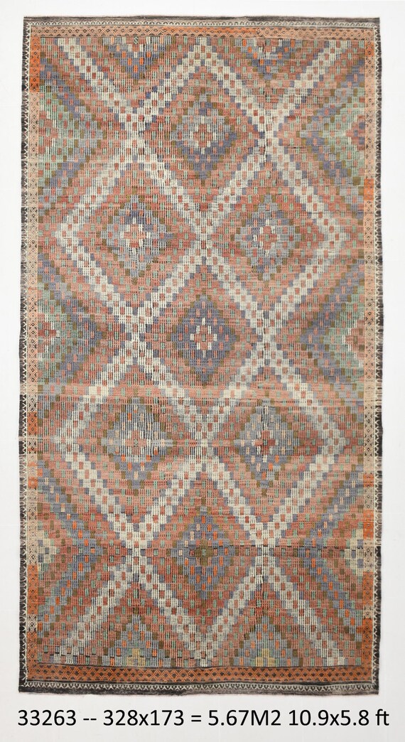 5x11 Area Rug, 5x11 Oversized Kilim Rug, Scandinavian Style Faded Red & Blue Tones Area Rug, Kilim Large Carpet Unique Living Room Dorm Rugs
