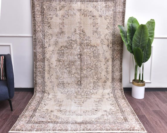 6x10 Faded Vintage Taupe Oriental Area Rug, Handmade Wool, Pale Taupe Color