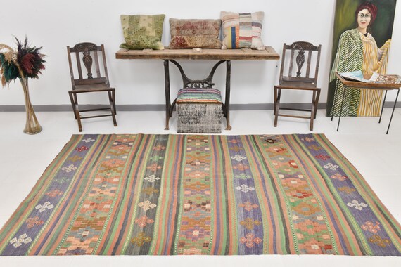 5x9 Area Rug, 5x9 Ethnic Kilim, 5x9 VINTAGE TURKISH KILIM Rug, 5x9, Oushak Handwoven Kilim, 5x9 Rugs, Blue & Green Kilim Rug, Anatolian 58s