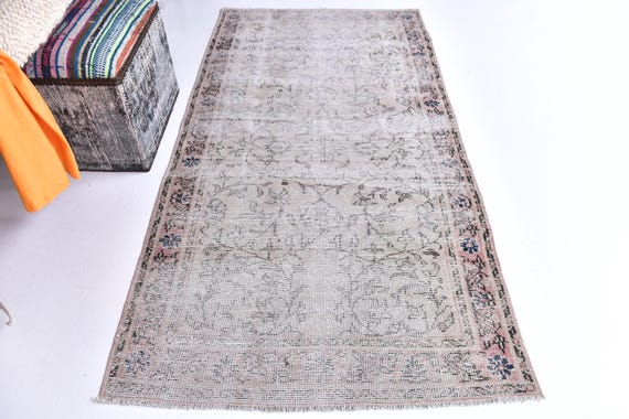 3x6 Turkish Faded Small Accent Rug, Pink Blue Color, 3x6 Floral Style, Handmade Wool Rug, 3x6 Vintage Rug, Oriental Rug 3x6 Area Rug