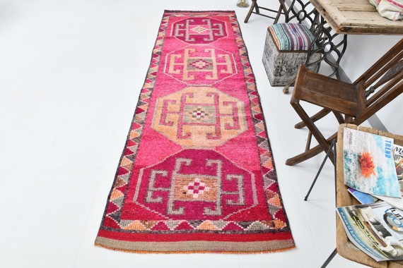 3x10 Runner Rug, 3x10 TURKISH HERKI RUNNER Rug, 3x10, Herki Runner, Oushak Handmade Herki, Red & Pink Herki, Herki Runner 3x10, Anatolian