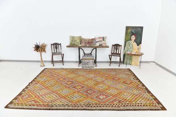 6x11 Area Rug, 6x11 Persian Kilim, 6x11 Yellow Brown Kilim Rug, 6x11, Retro Hand woven Rug, 6x11 Rugs, Kilim, Mid Century Modern, Kilim 6x11