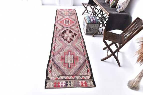 3x12 Pink Brown Herki Runner Rug, 3x12 Herki Runner, 3x12 Rug, Long Handmade Wool Rug, 3x12 Runner, Retro Aesthetic Rug, Vintage Runner 3x12