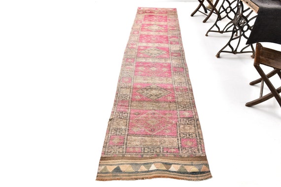 3x12 Long Narrow Vintage Runner Rug, 3x12 Vintage Runner, Handmade Wool Rug, 3x12 Herki Runner, Pink & Brown Rug, Antique Runner 3x12, Gift