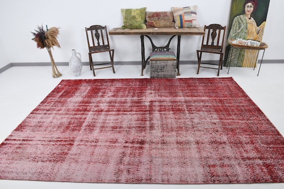 7x10 Oversize Faded Vintage Rug, Shades Of Dark Red Vintage Wool Handmade  Camouflage & Antique Style 7x10 Distressed Rug