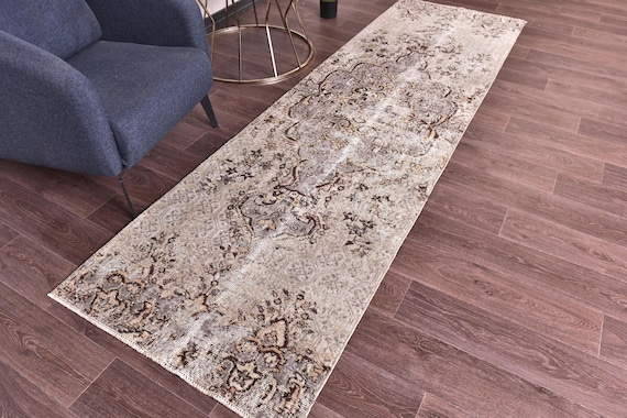 3x10 Vintage Hallway Runnner Rug, 3x10 Handmade Wool, 3x10 Medallion Runner, Gray Brown Color, Faded Runner Rug, 3x10 Rug