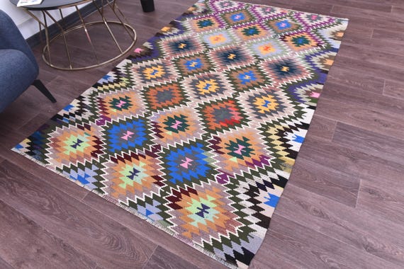 4x7 Kilim Rug, 4x7 Multicolor Geometric Kilim Rug, 4x7 Rug, Aesthetic Hand Woven Rug, 4x7 Turkish Kilim, Kilim Rug 4x7, Rug For Farmhouse