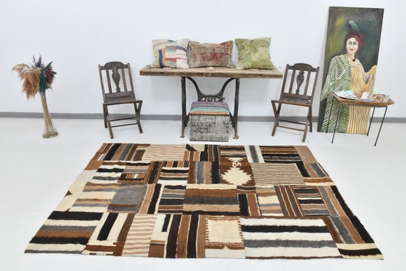 5x8 Angora Vintage Kilim Rug, Turkish Handmade Wool Rug, 5x8 Area Rug, Brown & Beige Tones Kilim, Bohemian Angora Style, Living Room Bedroom