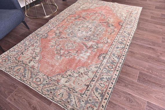 5x8 Vintage Distressed Rug, 5x8 Red Green Color Rug, 5x8 Handmade Wool Rug, 5x8 Turkish Rug, Living Room Bedroom Rug, 5x8 Rug, Farmhouse Rug