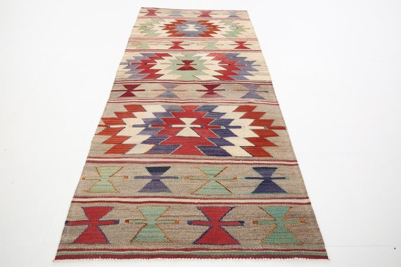 3x7 Bohemian Vintage Kilim Rug, Handmade Wool Rug, 3x7 Runner Rug, 3x7 Rug, Red Blue Modern Rug, Narrow Vintage Rug, Kilim Rug 3x7, 2.11x6.8