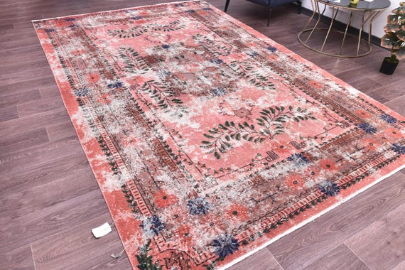 7x11 Overdyed Salmon Rug, Salmon Green Color, 7x11 Medallion Rug, 7x11 Rugs, Living Room Kithcen Rug, 7x11 Handmade Rug, Area Rugs