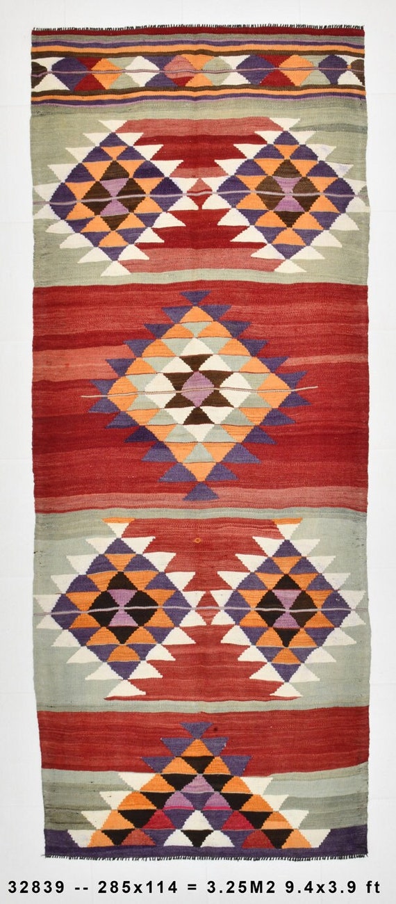 4x9 Area Rug, 4x9 OUSHAK VINTAGE KILIM Rug, 4x9 Red & Green Kilim, Wool Handmade Oushak, Rugs 4x9, Geometric Boho Style, Rug For Hallway 60s
