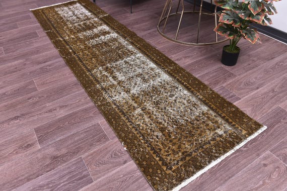 2x9 Vintage Overdyed Runner Rug, Handmade Wool Rug, Golden Mustard Brown Color, 2x9 Floral Hallway Rug, 2x9 Kithcen Runner Rug, 2x9 Area Rug