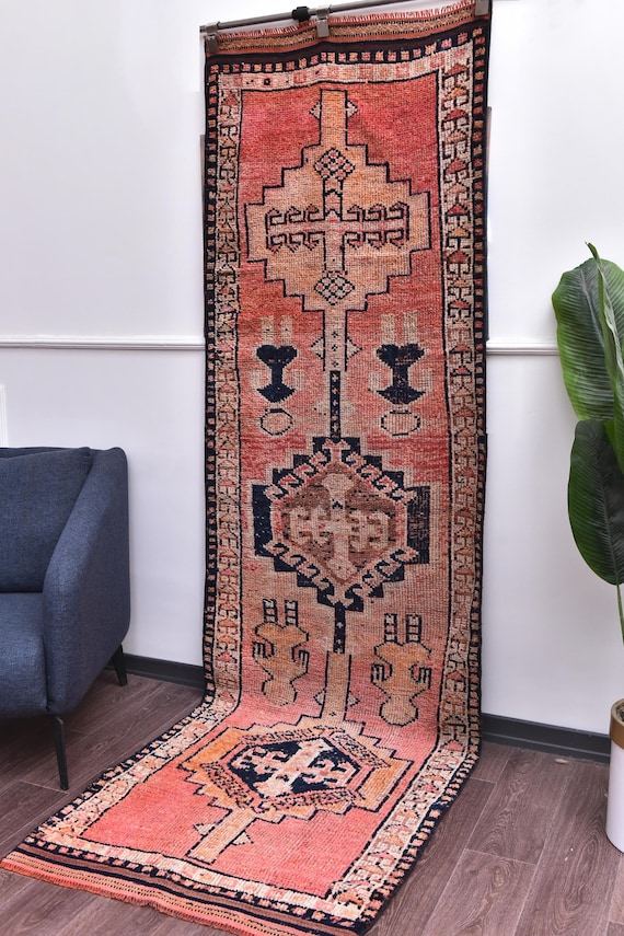 3x9 Vintage Soft Peach Runner Rug, 3x9 Faded Hallway Rug, Handmade Runner Rug, Vintage Home Decor, Farmhouse Rug, 3x9 Hallway Runner
