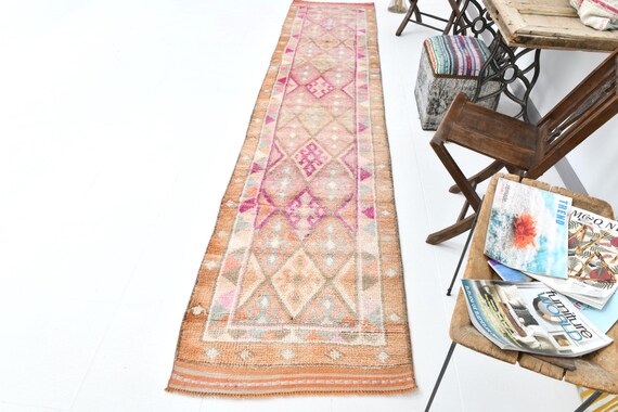 3x12 Soft Wool TURKISH VINTAGE RUNNER Rug, 3x12 Vintage Runner 3x12 Handmade Wool Herki 3x12 Rugs Shades Of Orange Pink Rugs For Hallway 60s