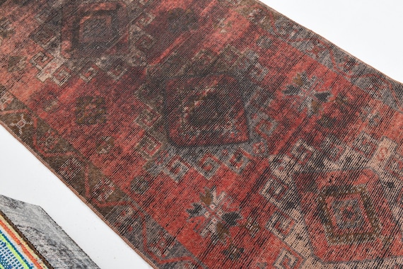 4x12 Turkish Distressed Runner Rug, Vintage Runner Rug 4x12, Antique Tapestry, 4x12 Hallway Rug, Red Blue Color Rug, Tribal Rug