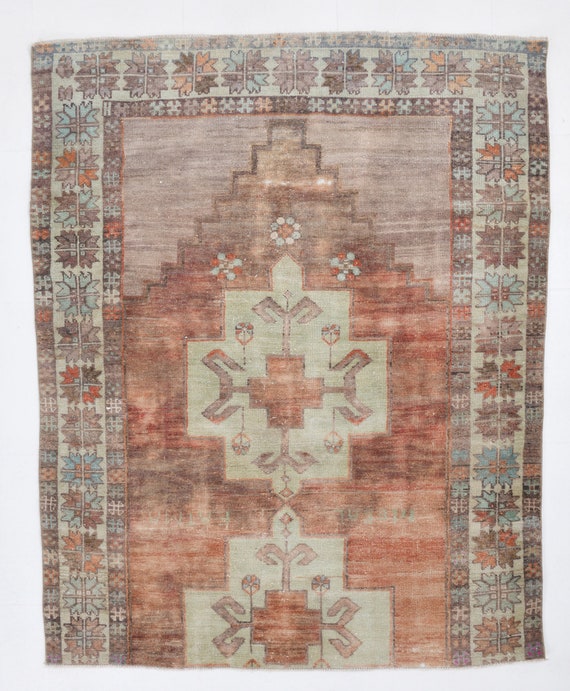 4x5 Area Rug, 4x5 Vintage Rug, 4x5 DISTRESSED TURKISH VINTAGE Rug, 4x5, Classic Handmade Oushak, 4x5 Rugs, Brown & Dark Red Vintage, 57s