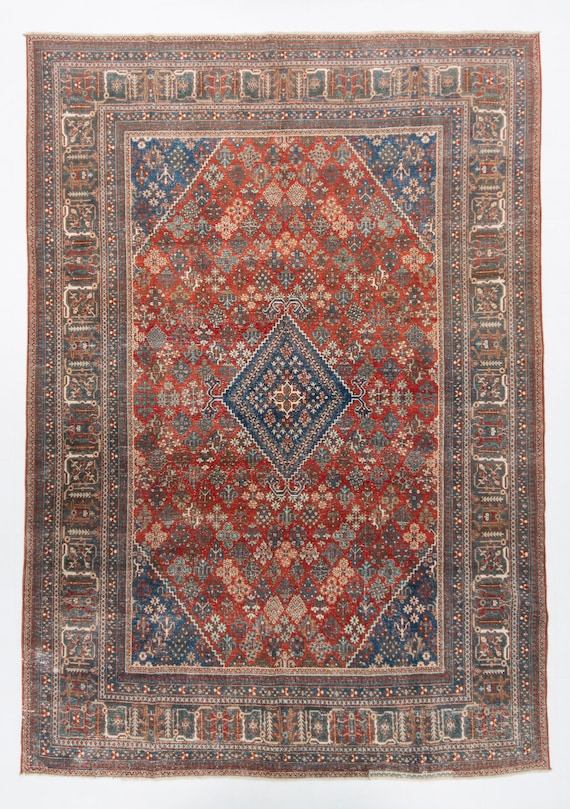 9x12 Elegant Persian Area Rug,  Oversize Rug 9x12, Large Persian Carpet, Handmade Wool Rug, Blue Persian Heriz Rug, Antique