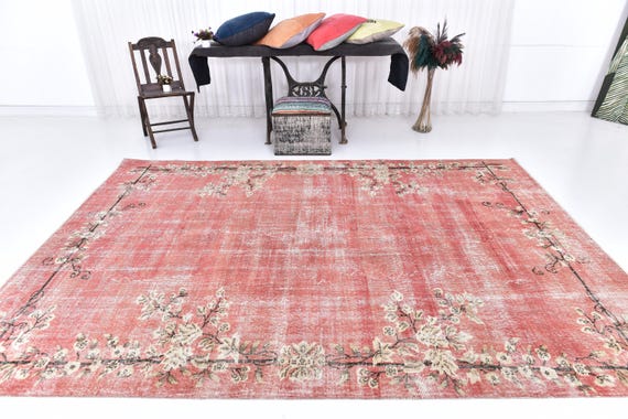 7x10 Oversize Faded Red and Beige Vintage Rug, 7x10 Oversize Rug, Large Area Rug, Handmade Wool Rug, 7x10 Area Rug, 1960s Antique, Oversize