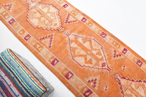 3x12 orange medallion vintage runner rugs, antique muted orange vintage runner rug, 3x12 floral orange wool vintage rugs.