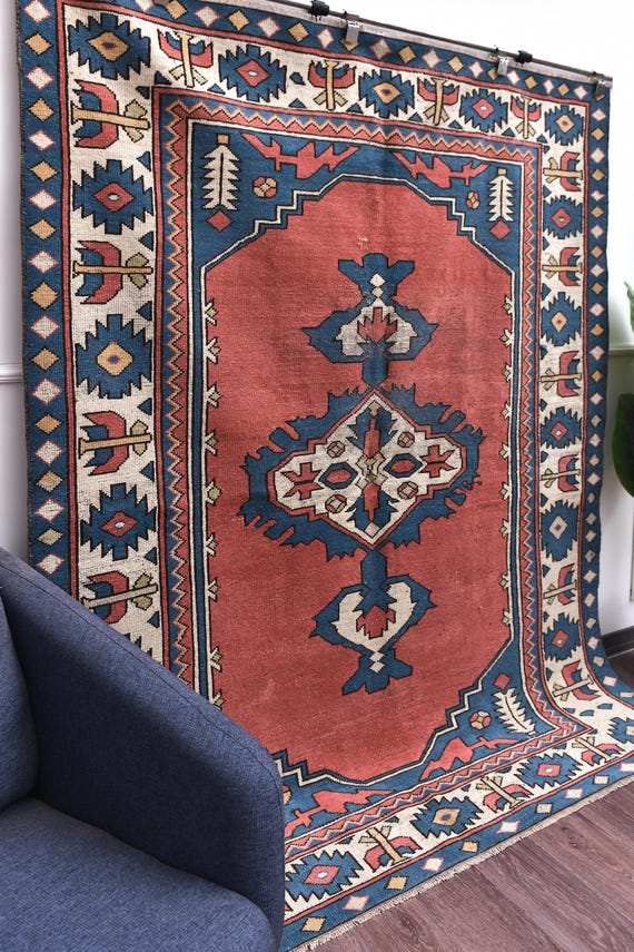 6x8 Vintage Handmade Turkish Rug, Milas Rug, Red Blue Color, Tribal Home Decor, Living Room Rug, Rug Outlet