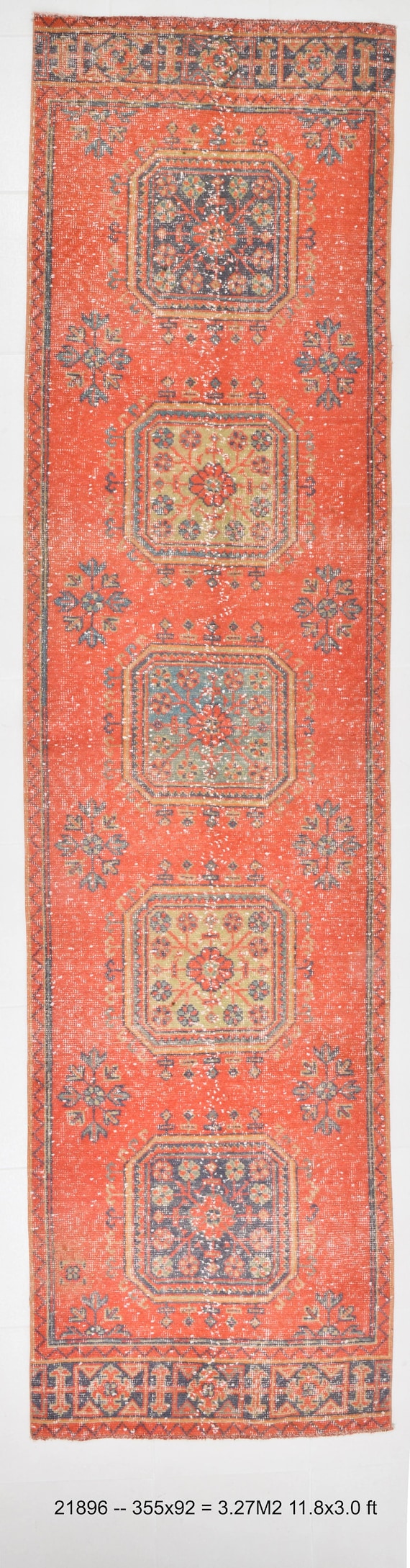 3x12 Runner Rug, Turkish Runner, 3x12 VİNTAGE TURKİSH RUNNER, 3x12, Coral Orange Runner Rug, Vintage Runner, Handmade Oushak Rug, Anatolian