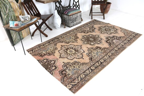 5x8 Vintage Floral Area Rug, Brown Peach Tones Rug, 5x8 Accent Rug, Handmade Turkish Rug, Living Room Rug 5x8, Decorative Rug