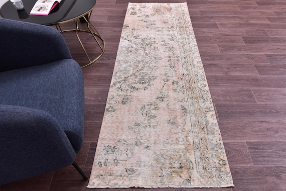 2x8 Vintage Runner Rug, Muted Pink Color Floral Runner Rug
