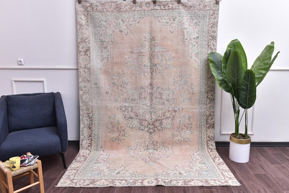 6x9 Vintage Faded Handmade Turkish Rug, Muted Teal Brown Orange Color
