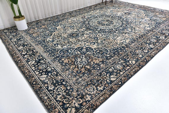 10x15 Elegant Blue and Cream Persian Area Rug, Handwoven Traditional Rug, Handmade Luxury Rug, Large Area Rug, 10x15 Rug, 10x15 Area Rug