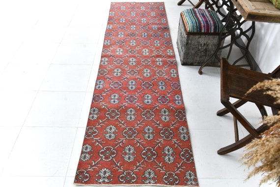 2x9 Vintage Turkish Runner Rug, 2x9 Turkish Runner, 2x9 Rug, Rugged Handmade Wool Rug, 2x9 Vintage Runner, Red & Blue Carpet, Shabby Chic