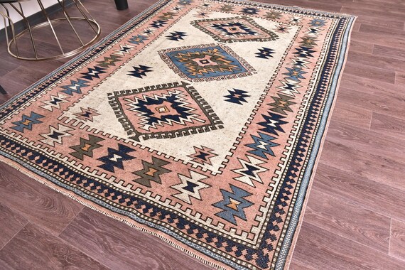 6x8 Vintage Geometric Area Rug, 6x8 Beige Pink Blue Color Rug, Traditional Area Rug, 6x8 Handmade Wool Rug, 6x8 Farmhouse Decor, 6x8 Rug