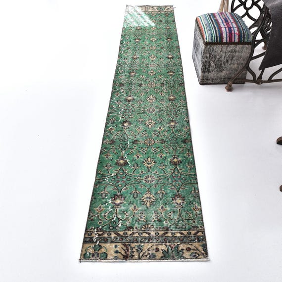 2x10 Royal Green Cream Oushak Runner Rug, 2x10 Oushak Runner, 2x10 Rug, Retro Handmade Rug, 2x10 Runner Rug, 2x10 Vintage Runner, Antique