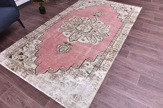 5x8 Vintage Rug, Pink Cream Color, 5x8 Hand Knotted Area Rug, 5x8 Neutral Home Decor, 5x8 Oriental Area Rug, Faded Turkish Rug, 5x8 Rug