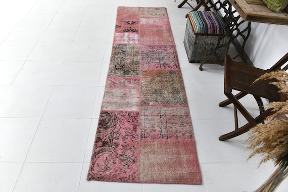 Runner Rug 2x9, 2x9 Turkish Runner Rug, 2x9 VINTAGE TURKISH RUNNER Rug, 2x9, Wool Handmade Oushak, Shades Of Pink Tones, Rug For Kitchen 58s