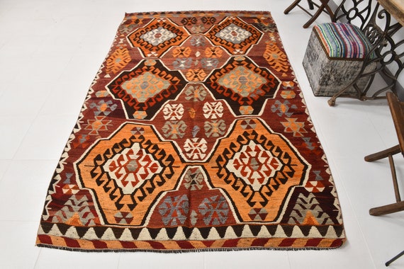 5x9 Area Rug, 5x9 Tribal Kilim, 5x9 TURKISH VINTAGE KILIM Rug, 5x9, Wool Handmade Kilim, 5x9 Rug, Red & Brown Kilim, Rug For Farmhouse Kilim