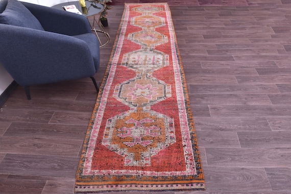 3x14 Runner Rug, 3x14 Vintage Runner, 3x14 GEOMETRIC RUNNER RUG, 3x14 Wool Handwoven Rug, Kilim Runner 3x14 Red & Orange Kilim 58s
