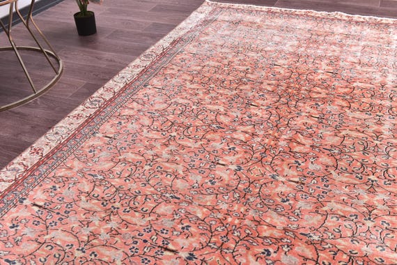 6x9 Vintage Unique Salmon Area Rug, Handmade Wool, Area Rug For Living Room Bedroom, Cream Salmon Color