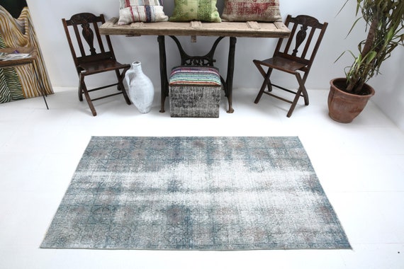 3x6 Distressed Soft Pastel Vintage Rug, 3x6 Vintage Rug, 3x6 Rug, Handmade Wool Oushak, 3x6 Rugs, Green Blue Gray Rug, Colorful Soft Color