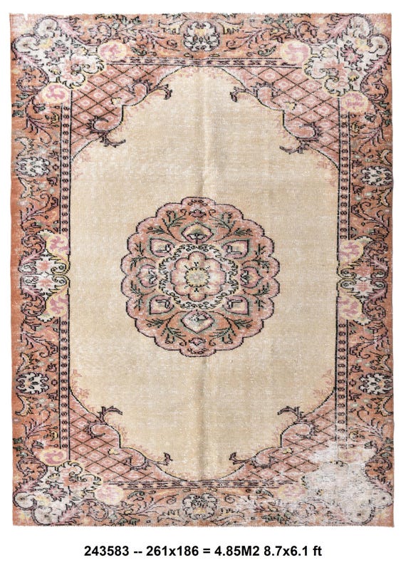 6x8 Vintage Medallion Area Rug, 6x8 Orange & Pink Color Rug, Handmade Wool Rug, Floral Rug 6x8, Unique Rug, Living Room Rug, Turkish Rug