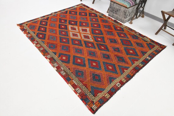 6x7 Vintage Geometric Kilim Area Rug, 6x7 Wool Jute Kilim Rug, 6x7 Orange Blue Rug, 6x7 Kilim Area Rug, 6x7 Light Color Rug, Bedroom Rug