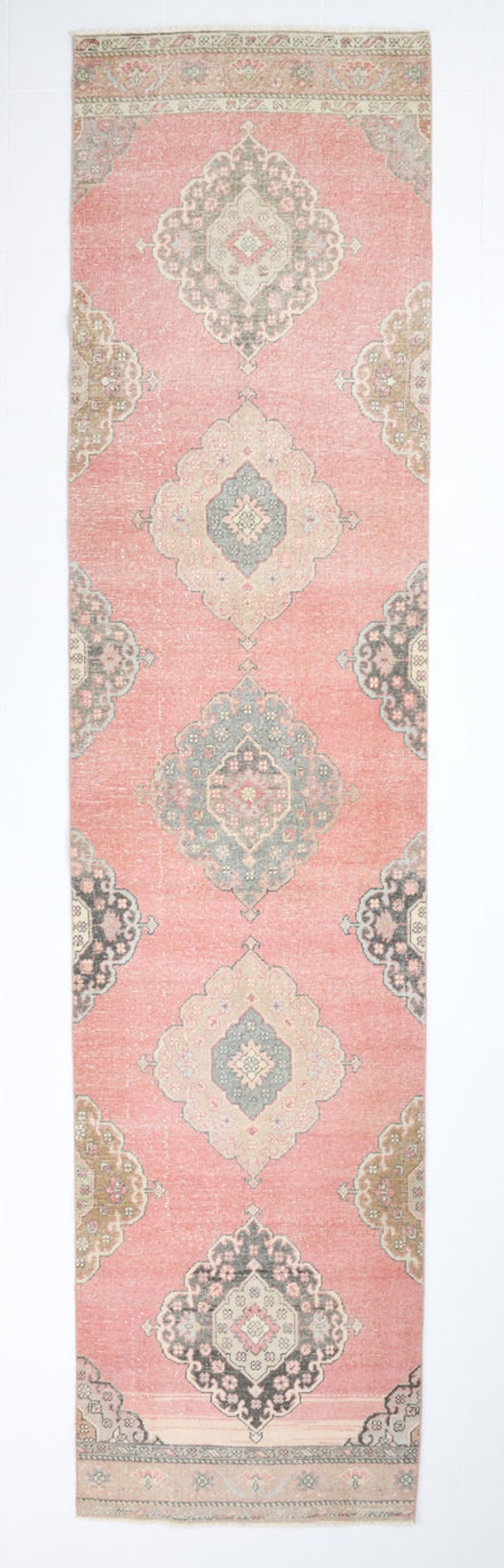 3x13 Runner Rug, 3x13 DUSTY RED VINTAGE Runners, 3x13 Turkish Runner, Handmade Wool Oushak, Pale Red & Dusty Pink, Long Pastel Stairs Carpet