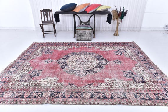 Antique Vintage Turkish Rug, 7x10 Rug, 7x10 Oversize Rug, 7x10 Extra Large Area Rug, 7x10 1960's Rug 7x10 Vintage Carpet Rug for Living Room