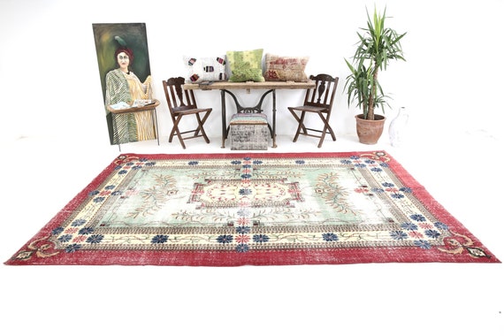 7x11 Rugs, 7x11 Soft Vintage, 7x11 Pastel Wool Vintage Rug, Oversized Vintage Rug, Large Area Rug, 7x11 Rug, Green & Red Carpet, Rugged Rug