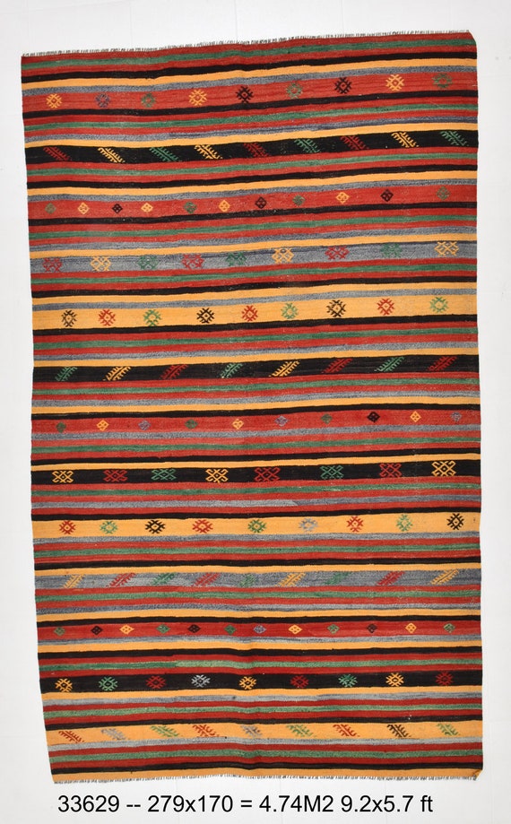 5x9 TURKISH VINTAGE KILIM Rug, 5x9, Turkish Kilim Rug, Wool Hand-made Oushak Kilim, Kilim Rug 5x9, Wine Red & Green Kilim, Anatolian, 62s