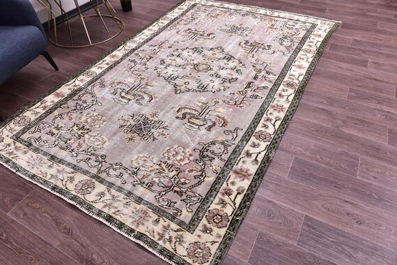 6x9 Vintage Faded Area Rug, 6x9 Green Purple Color, 6x9 Medallion Pattern, Turkish Style Large Living Room Rug, 6x9 Distressed Rug, 6x9 Rug