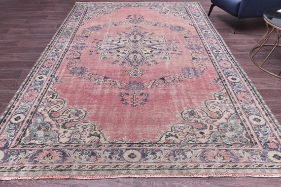 7x11 Vintage Faded Salmon Rug, Salmon Blue Cream Rug, 7x11 Floral Area Rug, 7x11 Living Room Rug, 7x11  Distressed Rug, 7x11 Handmade Rug