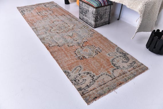 3x9 Vintage Faded Runner Rug, 3x9 Faded Hallway Rug, 3x9 Handmade Runner Rug, Terracotta Green Color, Farmhouse Rug, 3x9 Hallway Runner
