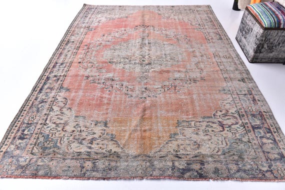 6x8 Vintage Faded Area Rug, Handmade Wool Rug, Peach Green Color, 6x8 Living Room Bedroom Rug, 6x8 Farmhouse Decor Rug, 6x8 Area Rug